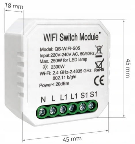 Przekaźnik WiFi dopuszkowy z pomiarem energii TUYA wymiary