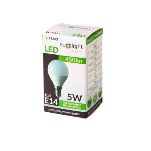 Żarówka LED E14 5W G45 kulka biała ciepła opakowanie