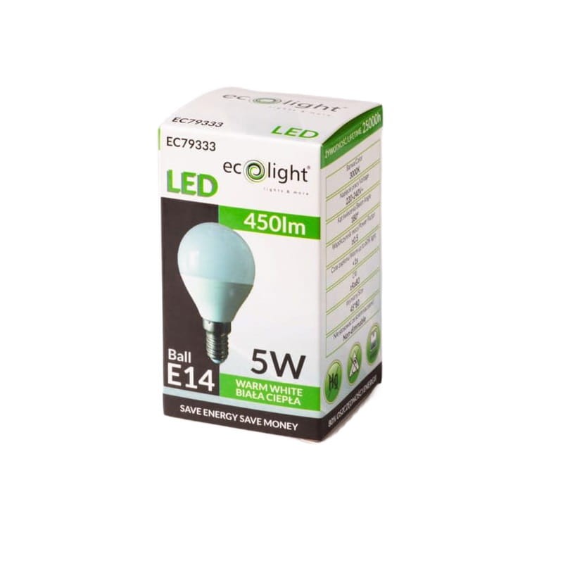 Żarówka LED E14 5W G45 kulka biała ciepła opakowanie