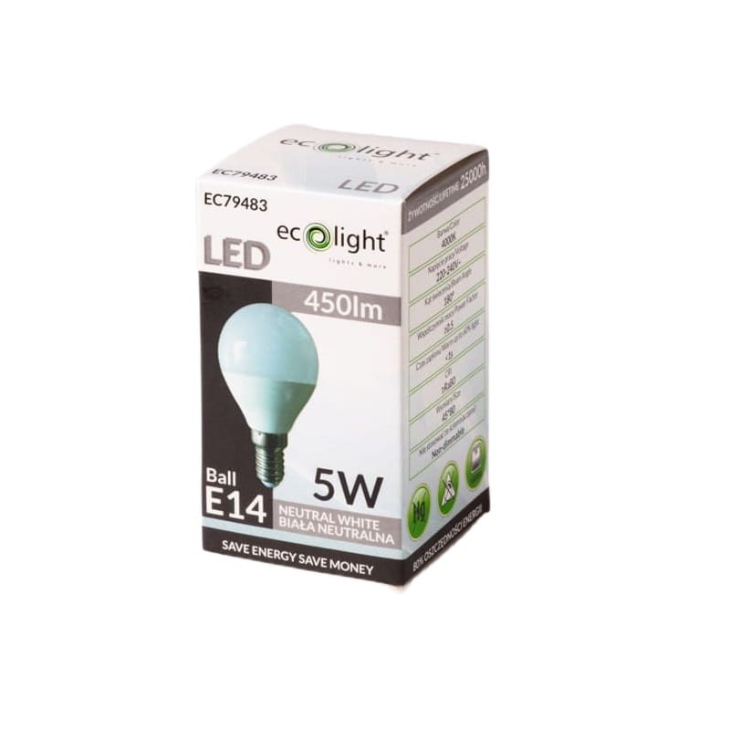 Żarówka LED E14 5W G45 kulka biała neutralna opakowanie