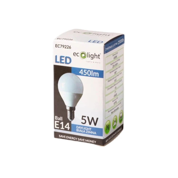 Żarówka LED E14 5W G45 kulka biała zimna opakowanie