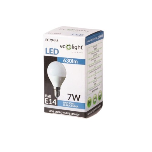 Żarówka LED E14 7W G45 kulka biała zimna opakowanie