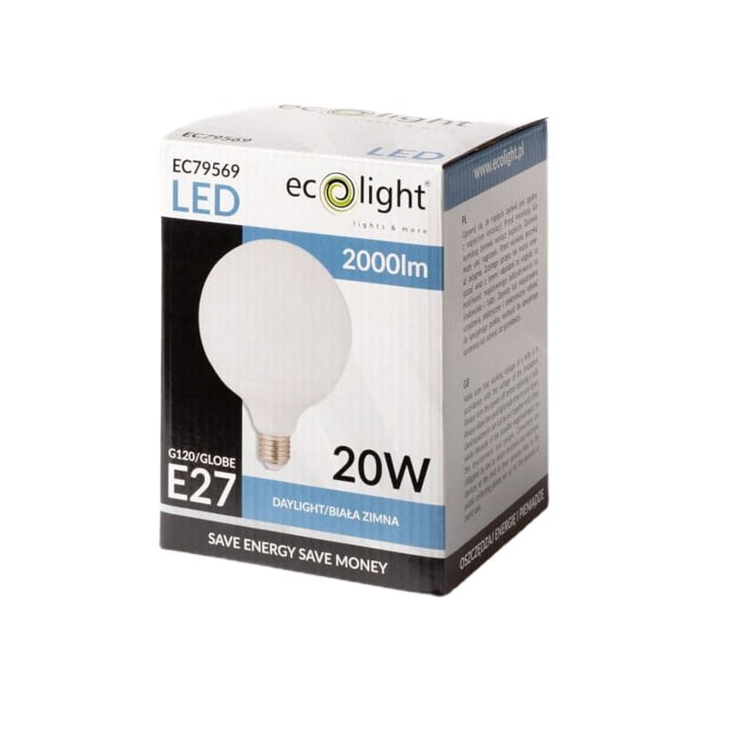 Żarówka LED E27 20W GLOBE G120 biała zimna opakowanie