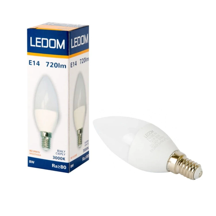 Żarówka LED LEDOM E14 8W biała ciepła świeczka opakowanie