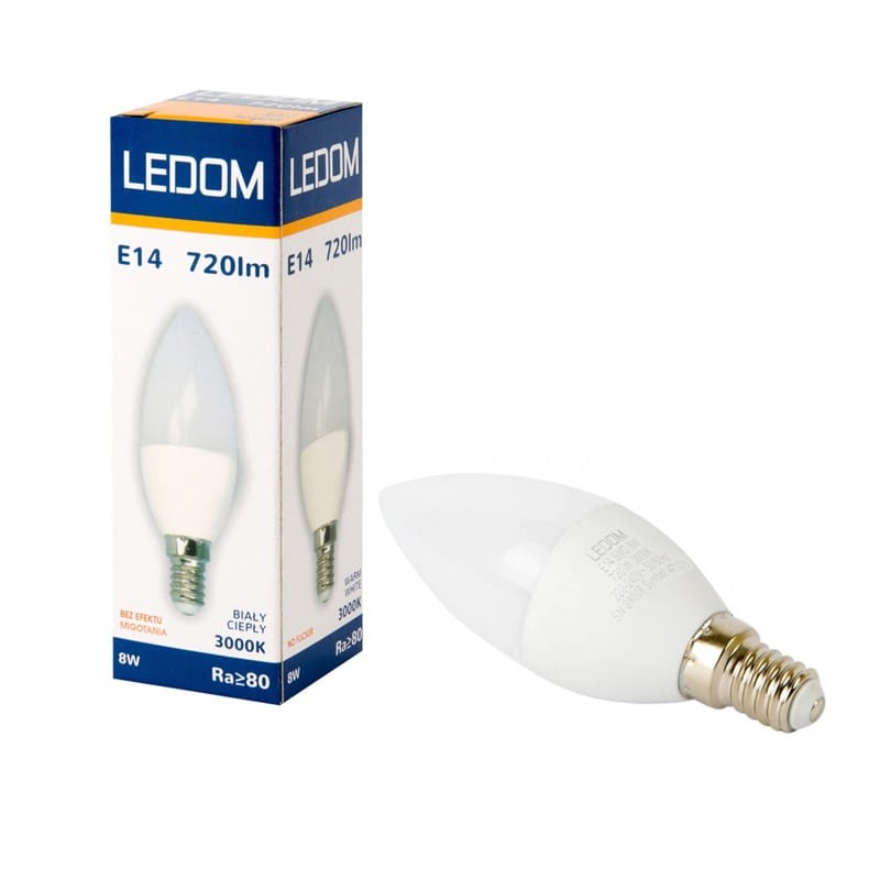 Żarówka LED LEDOM E14 8W biała ciepła świeczka opakowanie