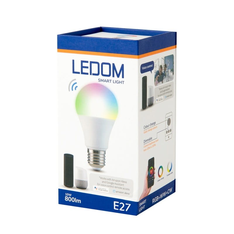Żarówka LED LEDOM E27 A60 10W RGB WW CW sterowna aplikacją TUYA opakowanie