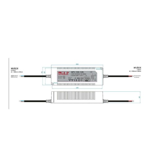 Zasilacz LED GLP 150W 12V 12,5A hermetyczny IP67 schemat
