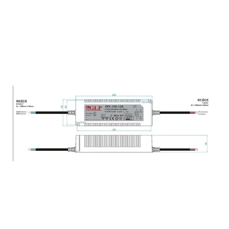 Zasilacz LED GLP 150W 12V 12,5A hermetyczny IP67 schemat