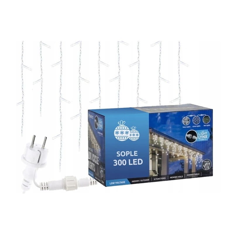 Lampki choinkowe LED 300 sople zewnętrzne białe zimne + flash