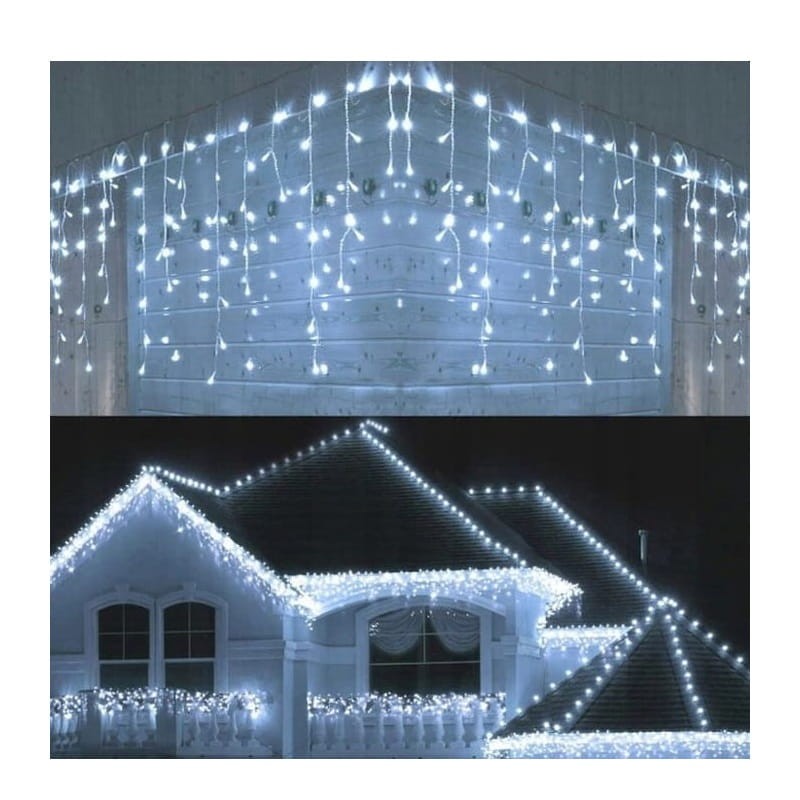 Lampki choinkowe LED 300 sople zewnętrzne białe zimne + flash dach