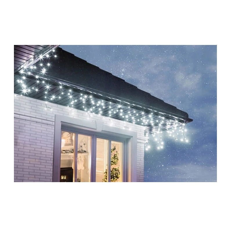 Lampki choinkowe LED 300 sople zewnętrzne białe zimne + flash przykład