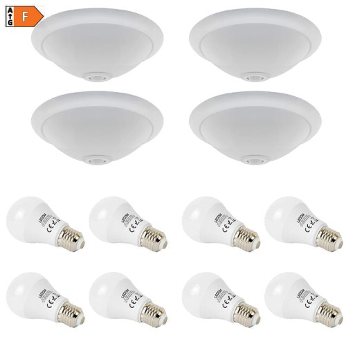 Zestaw 4x plafon z czujnikiem ruchu + 8x E27 10W ciepła kula