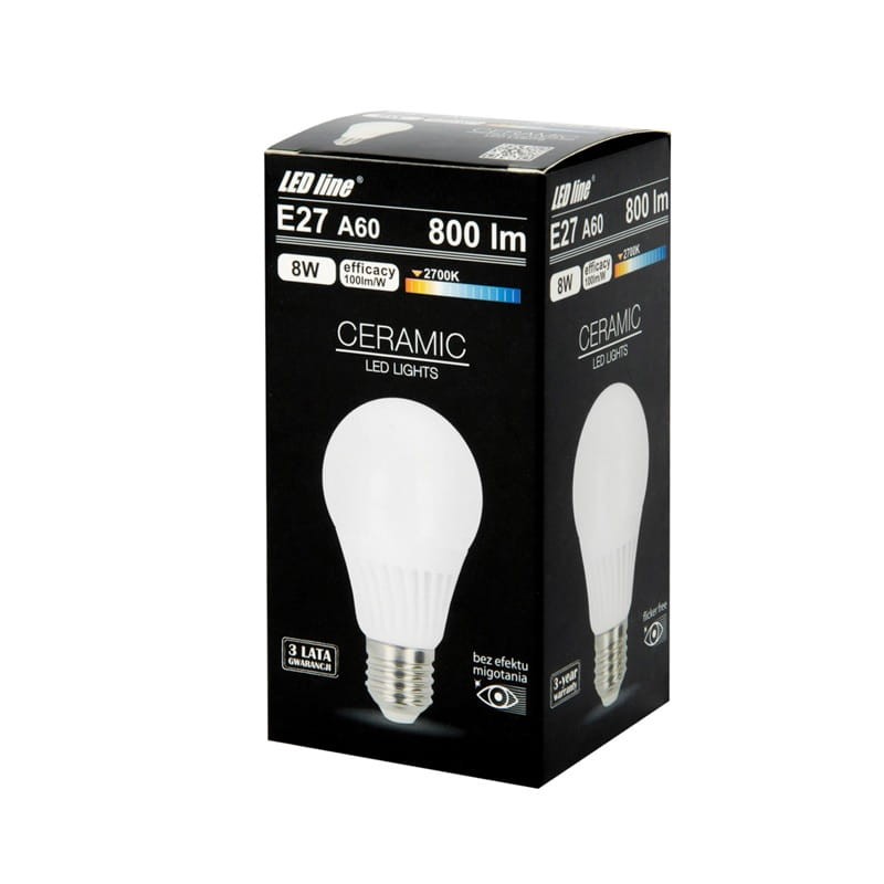 Żarówka LED LEDline E27 8W A60 biała ciepła 2700K 800lm opakowanie