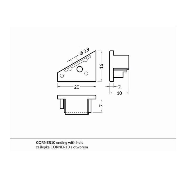 Zaślepka kpl. 2 sztuki do profili LED narożnych CORNER10 wymiary