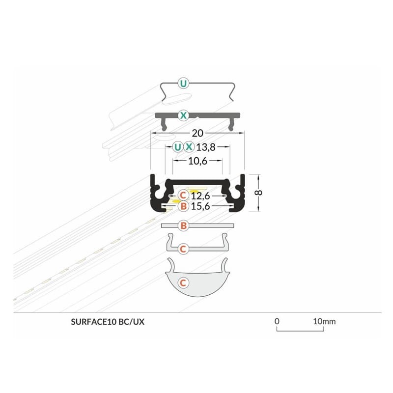 PROFIL aluminiowy nawierzchniowy czarny SURFACE10 BC-UX do TAŚMY LED - 2 metry wymiary