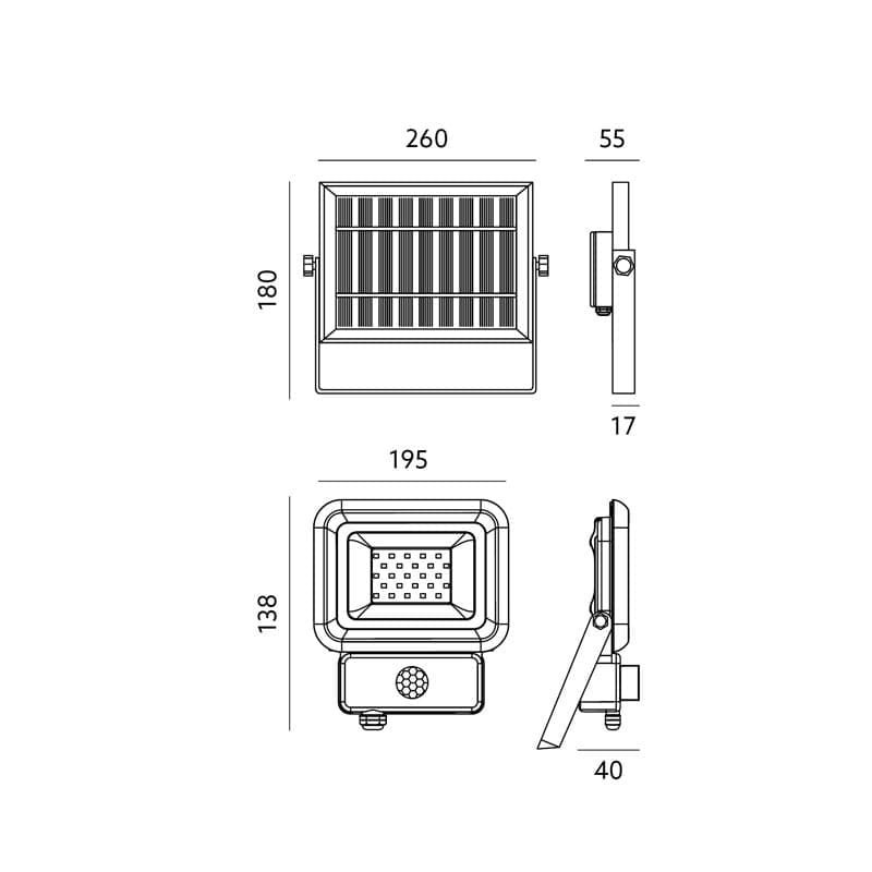 Naświetlacz LED SOLARNY 20W biały zimny z czujnikiem ruchu wymiary