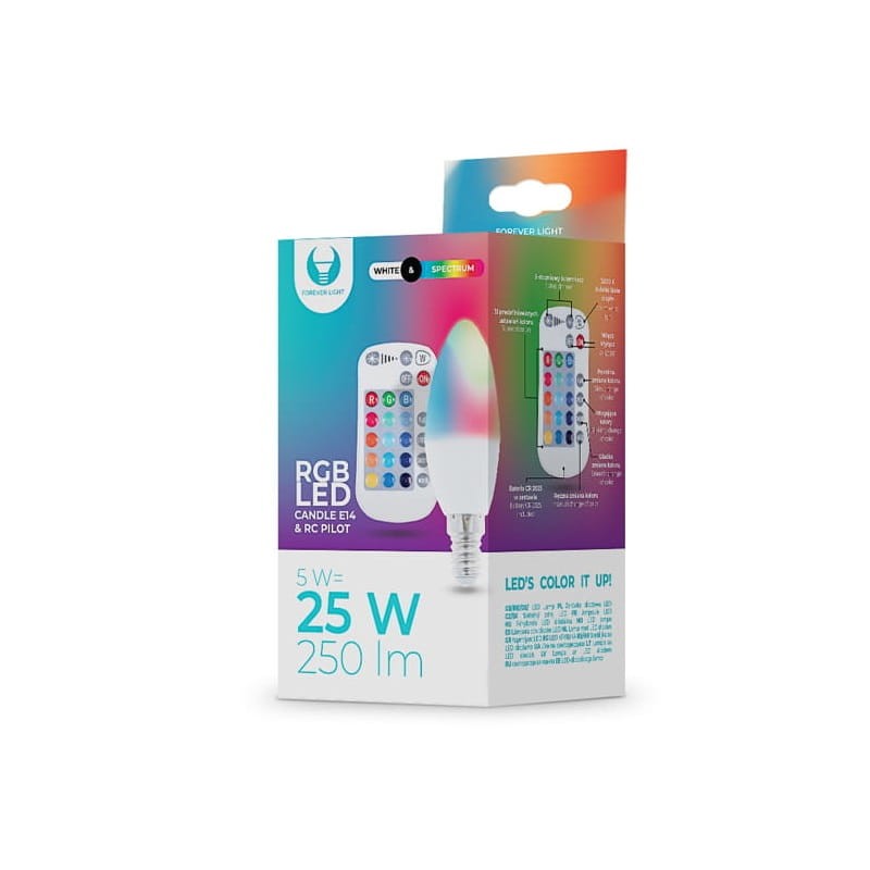 Żarówka LED E14 C37 RGBW biała ciepła 5W + pilot opakowanie