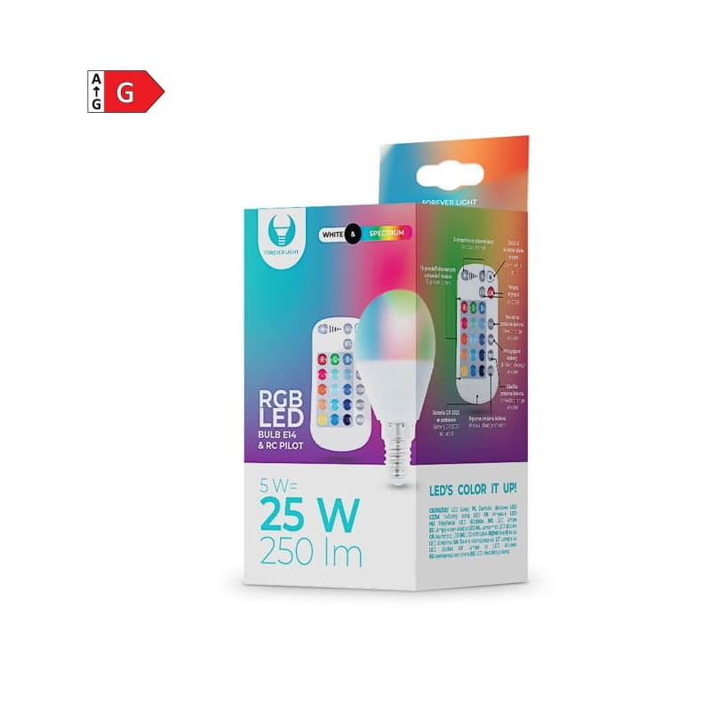 Żarówka LED E14 G45 RGBW RGB + biała ciepła 5W + pilot opakowanie