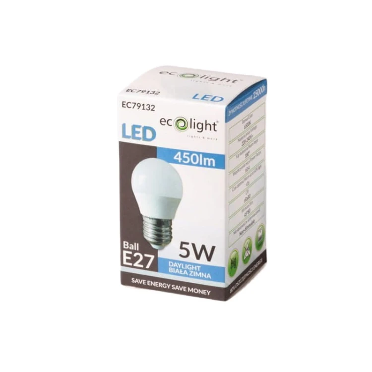 Żarówka LED E27 5W G45 kulka biała zimna opakowanie