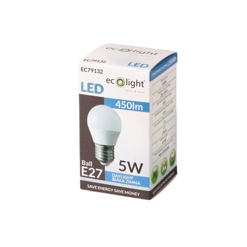 Żarówka LED E27 5W G45 kulka biała zimna opakowanie