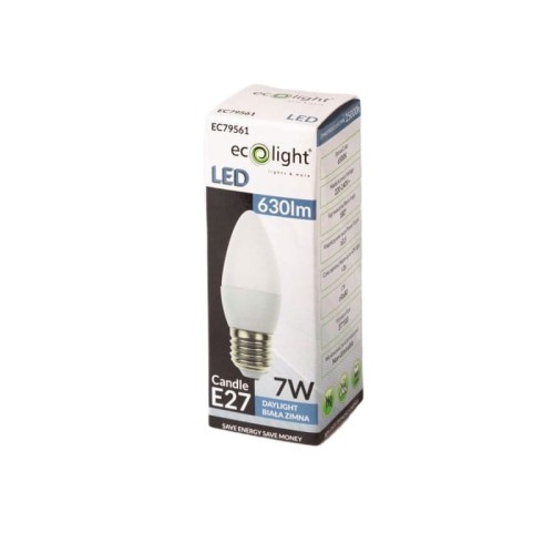 Żarówka LED E27 7W C37 świeczka biała zimna opakowanie