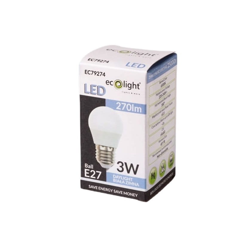Żarówka LED E27 3W G45 kulka biała zimna opakowanie