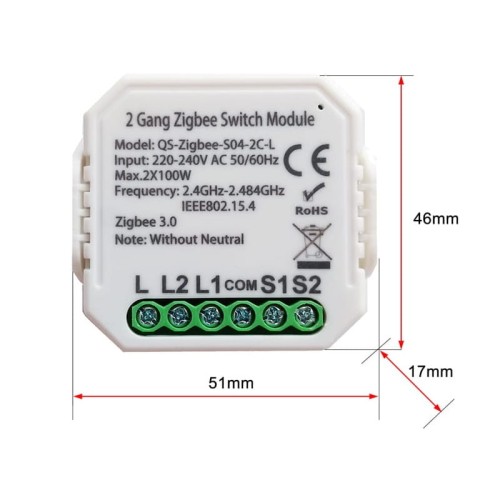 Przekaźnik Dopuszkowy 2ob ZigBee TUYA Działa bez N wymiary