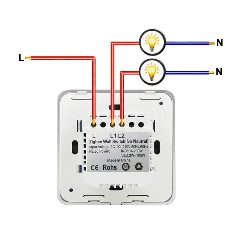 Włącznik Światła 2obw. ZigBee TUYA #Działa bez N! schemat