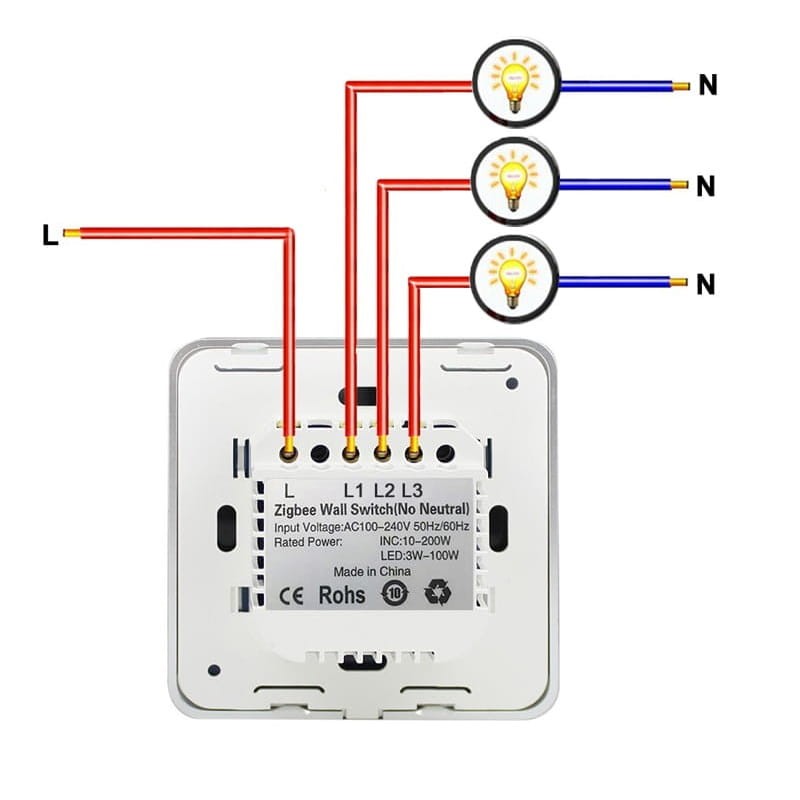 Włącznik Światła 3obw. ZigBee TUYA działa bez N ! schemat