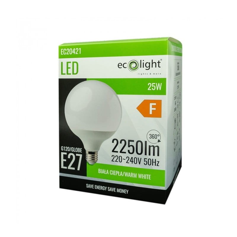 Żarówka LED E27 25W GLOBE G120 biała ciepła opakowanie