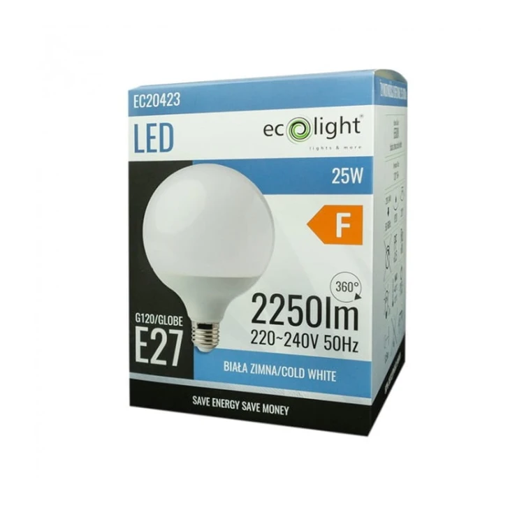 Żarówka LED E27 25W GLOBE G120 biała zimna opakowanie