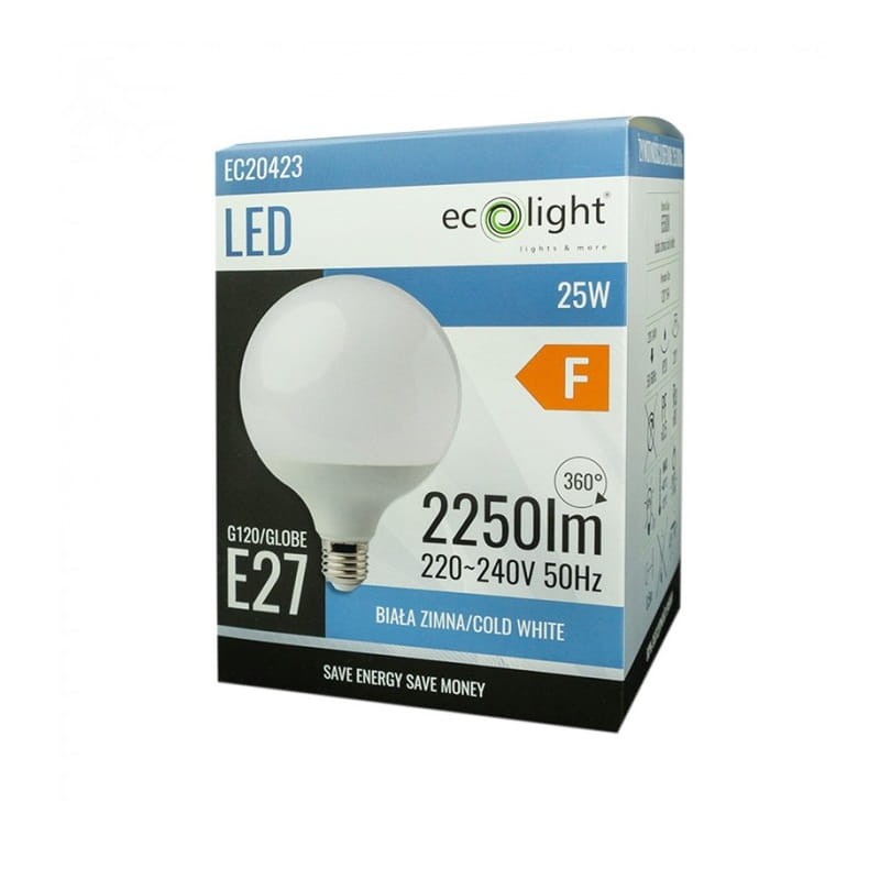 Żarówka LED E27 25W GLOBE G120 biała zimna opakowanie