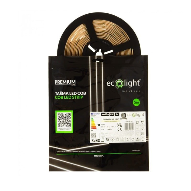Taśma LED COB 9W/m 480chips/m 3000K biała ciepła IP67 rolka 5m z opakowaniem