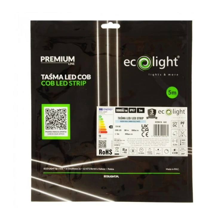 Taśma LED COB 9W/m 480chips/m 990lm/m 6000K biała zimna IP67 rolka 5m opakowanie