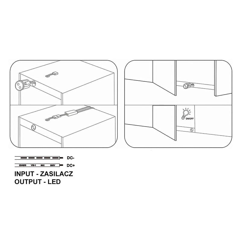 Włącznik do szaf, szuflad, półek, witryn, biały 12V/24V - 60W/100W  schemat podłączenia