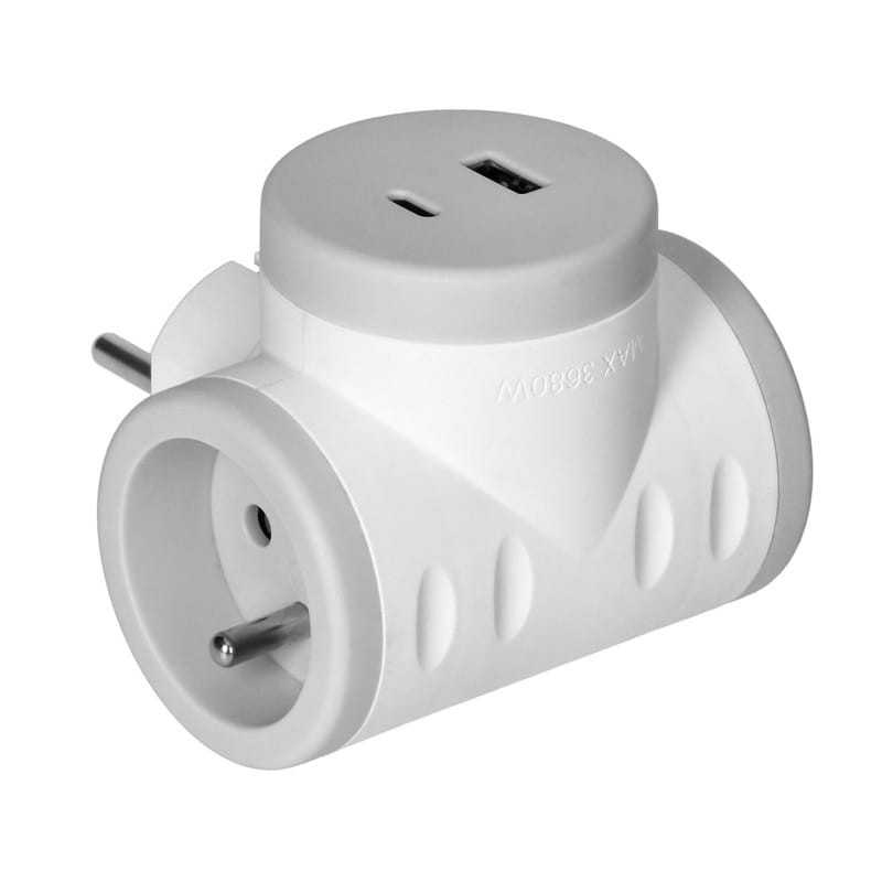 Rozgałęźnik 2P+Z z ładowarką 2XUSB, szybkie ładowanie - biało-szary