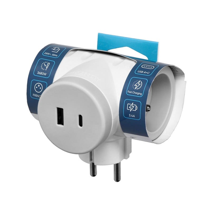 Rozgałęźnik 2P+Z z ładowarką 2XUSB, szybkie ładowanie - biało-szary opakowanie