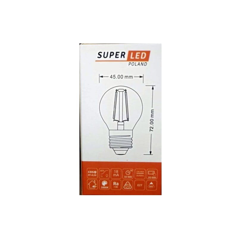 Żarówka LED E27 2W G45 biała ciepła Filament Edison kula wymiary
