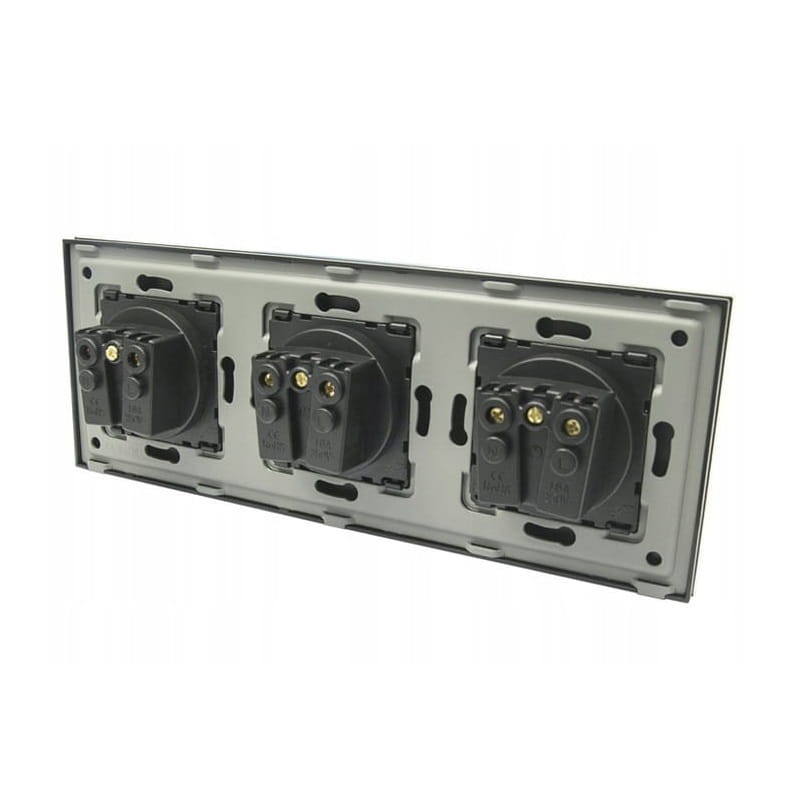 Gniazdko elektryczne potrójne czarne poziome + ramka szklana montaż