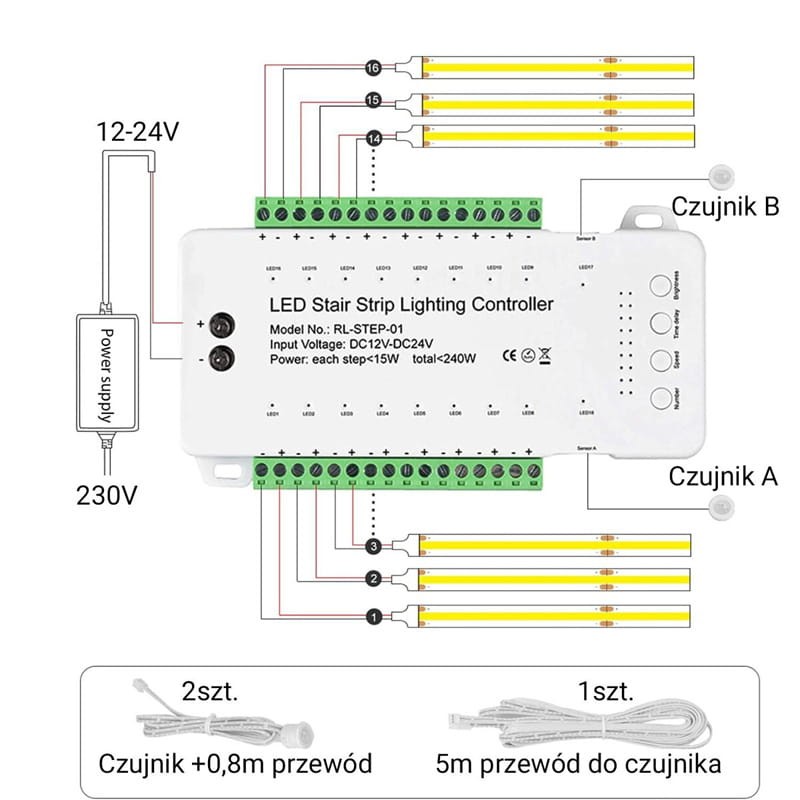 Sterownik schodowy LED PIR regulowany 16 schodów - czarny schemat