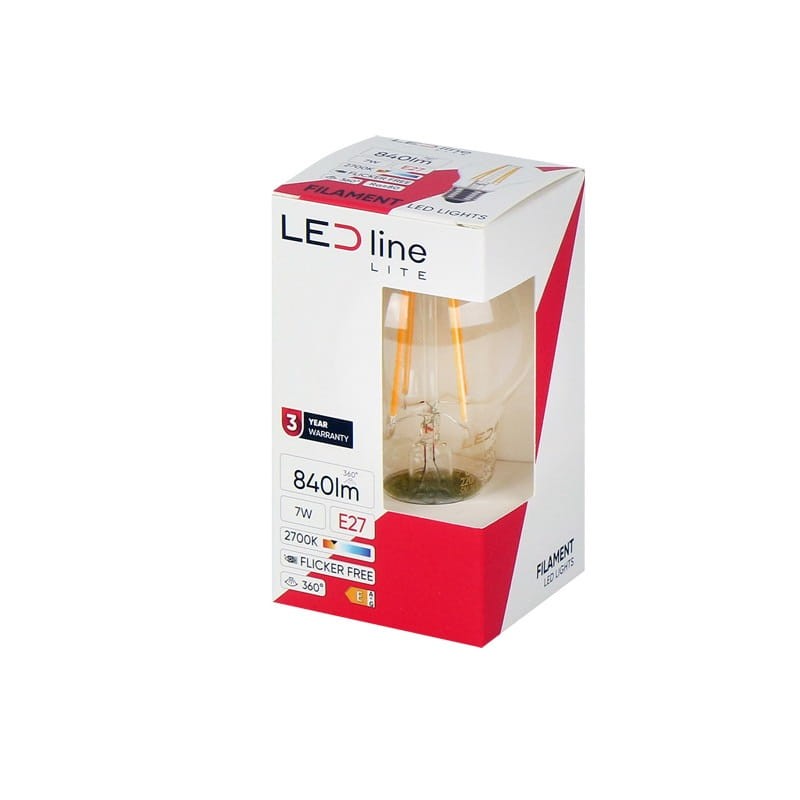 Żarówka LED Lite E27 7W kula A60 ciepła 2700K 840lm Filament opakowanie