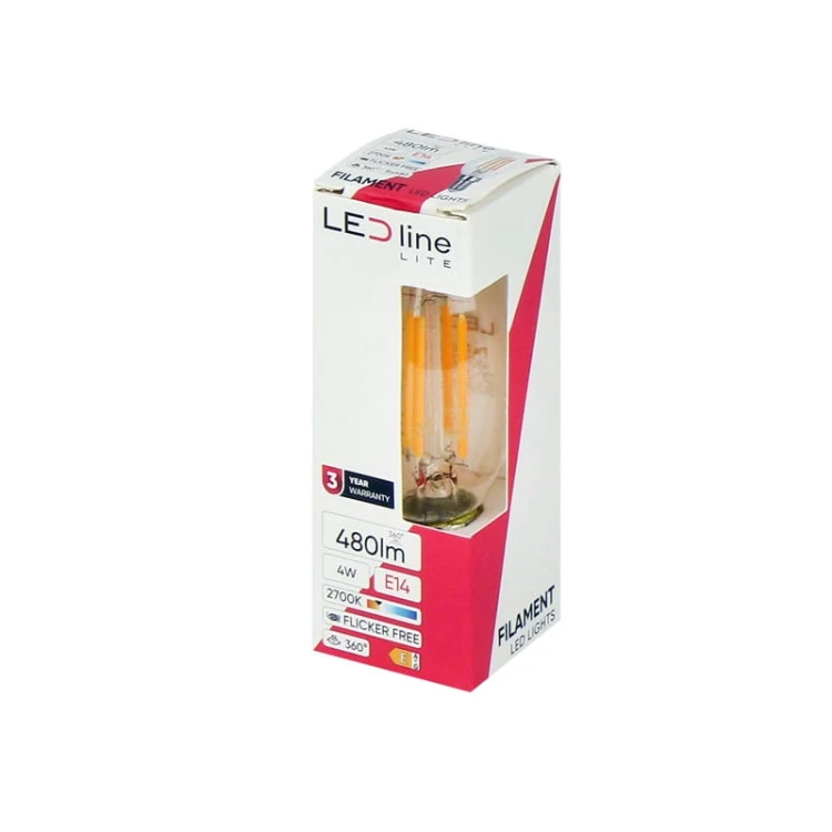 Żarówka LED Lite E14 4W świeczka C35 ciepła 2700K 480lm Filament opakowanie