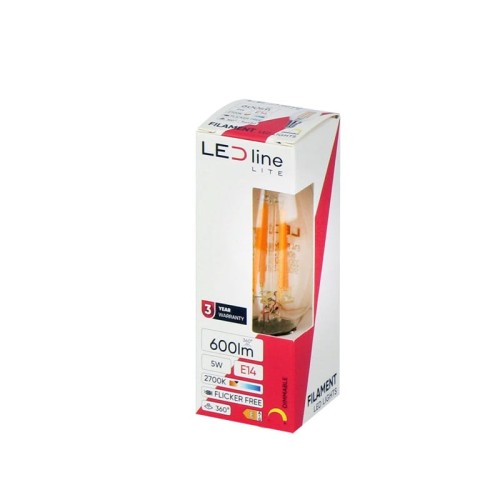 Żarówka LED Lite E14 5W świeczka C35 ciepła 2700K 600lm Filament ściemnialna opakowanie