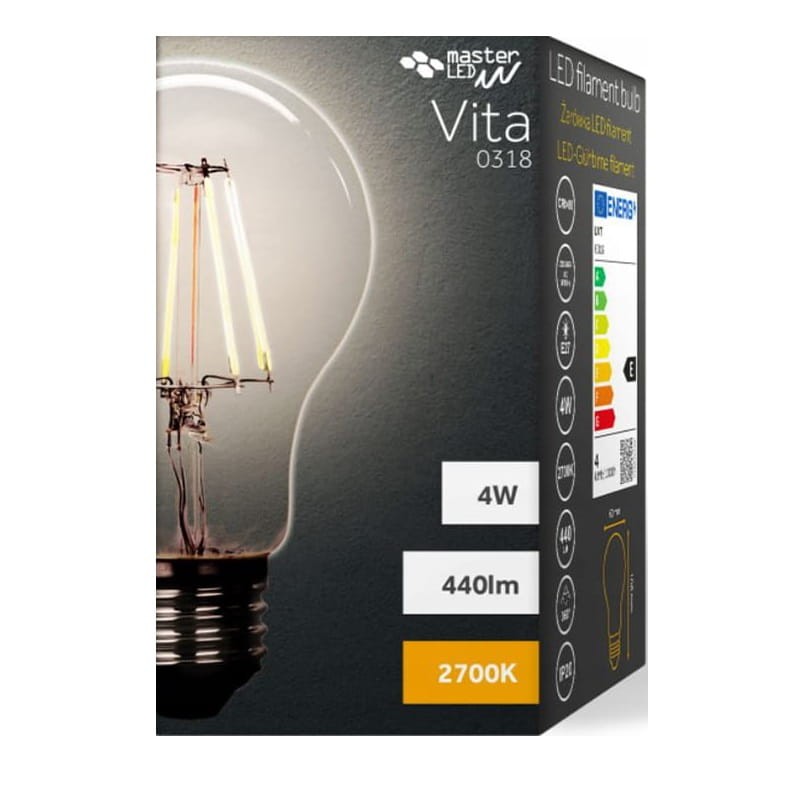 Żarówka LED E27 4W Filament Vita A60 ciepła 2700K opakowanie