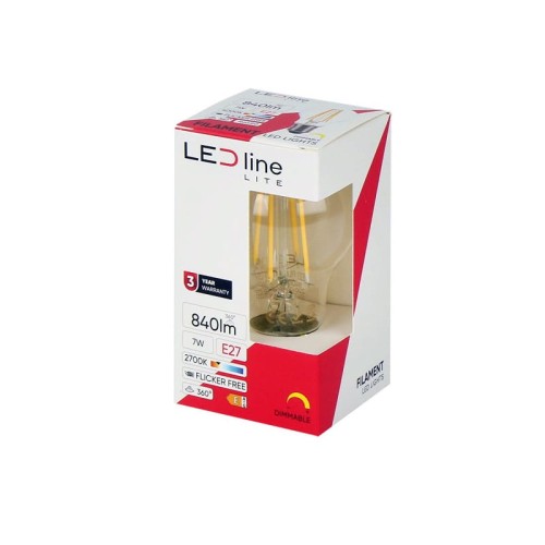 Żarówka LED Lite E27 7W kula A60 ciepła 2700K 840lm Filament ściemnialna opakowanie
