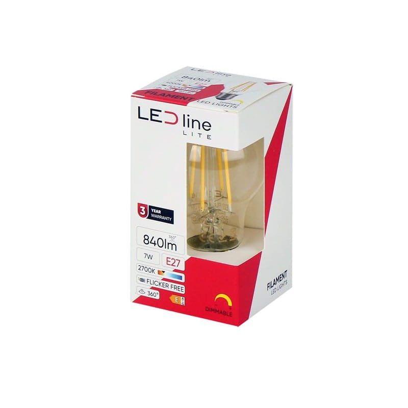 Żarówka LED Lite E27 7W kula A60 ciepła 2700K 840lm Filament ściemnialna opakowanie