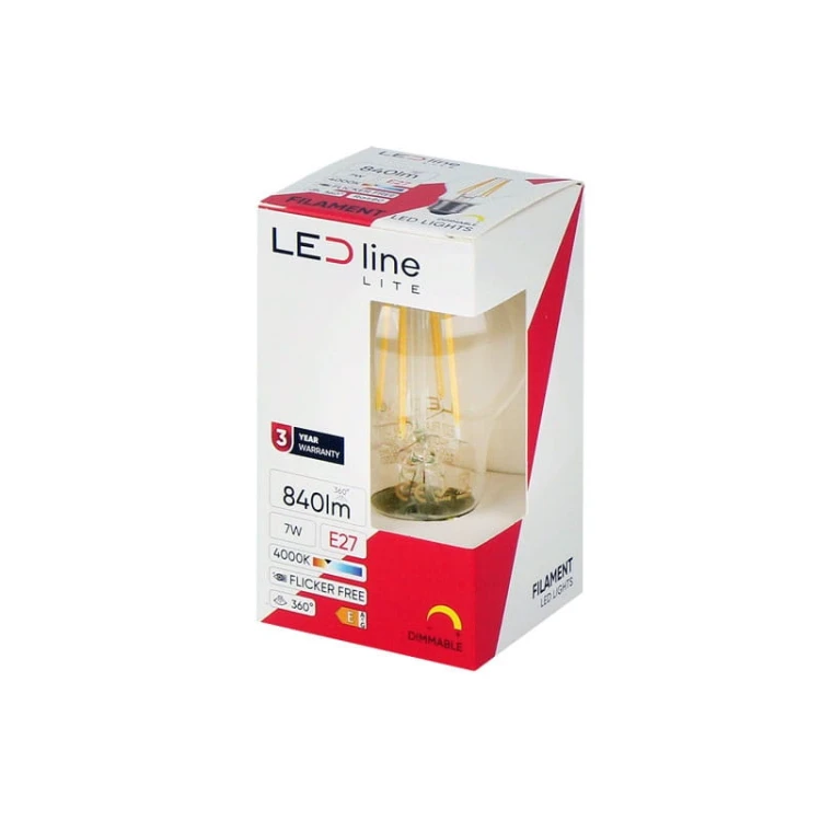 Żarówka LED Lite E27 7W kula A60 neutralna 4000K 840lm Filament ściemnialna opakowanie