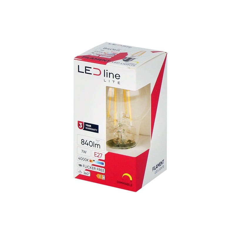 Żarówka LED Lite E27 7W kula A60 neutralna 4000K 840lm Filament ściemnialna opakowanie