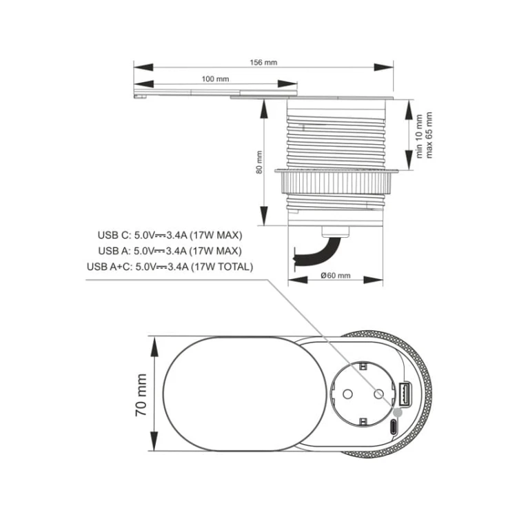 Gniazdo meblowe Slide Box z USB A+C schemat