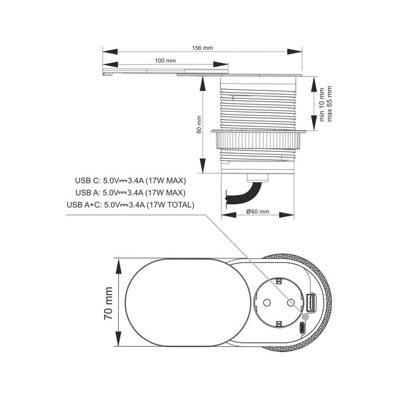 Gniazdo meblowe Slide Box z USB A+C schemat